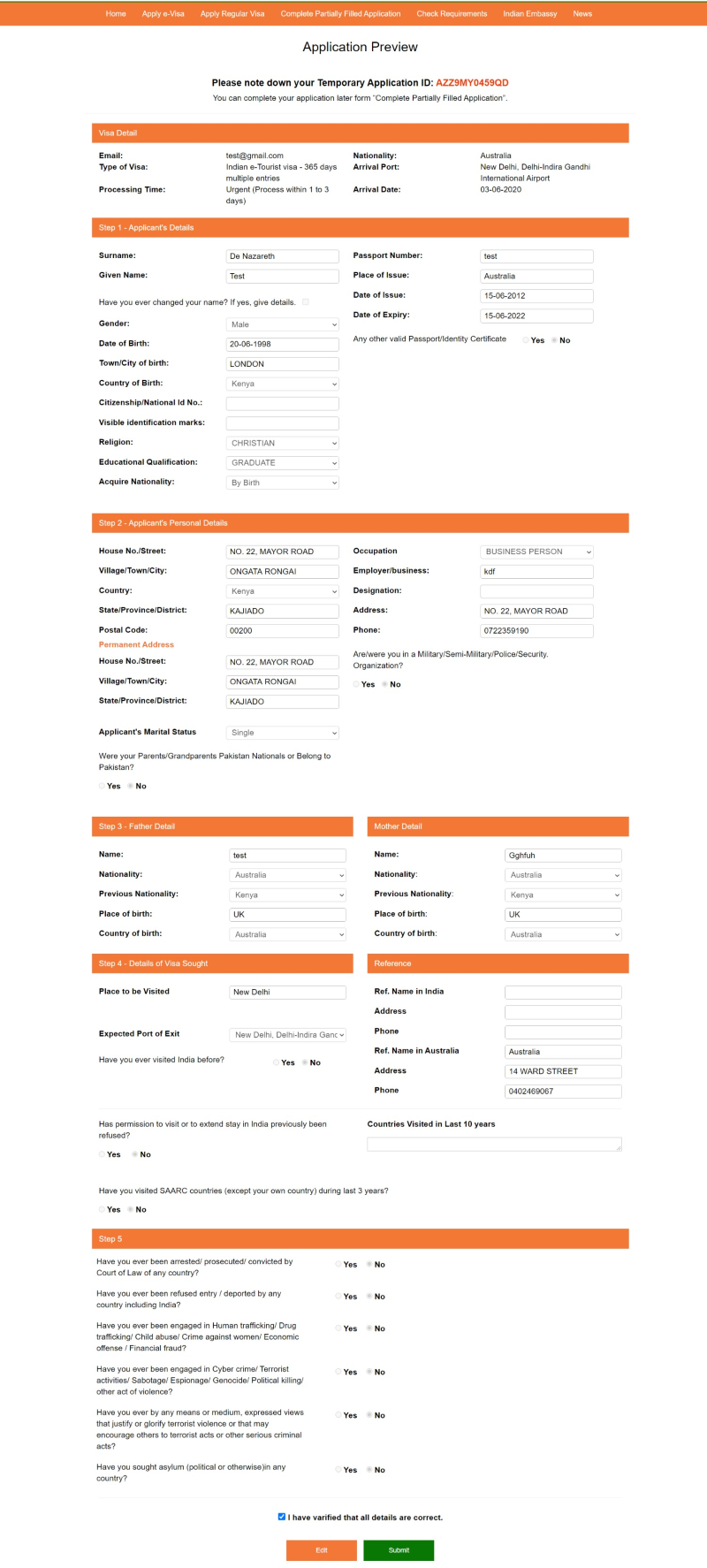 Indian visa application preview form